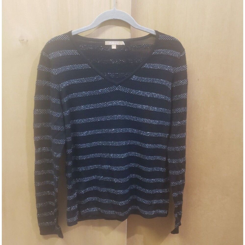KEIR+J Black and silver striped V-neck sweater SZ MEDIUM III EXCELLENT CONDITION
